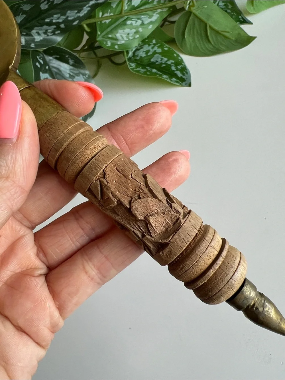 Vintage Brass Carved Wood Bottle Opener Barware